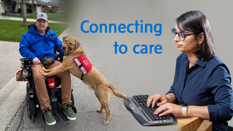 Phil Raney in a wheelchair with his services dog, and researcher Swati Mehta at a computer with text in between them that reads: Connecting to care