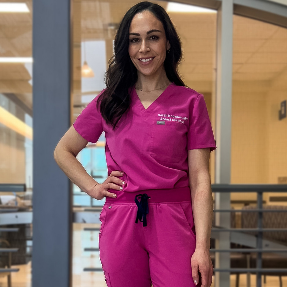 Dr. Sarah Knowles in pink scrubs