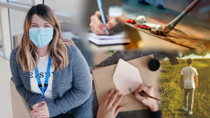 Andrea Campbell seated next to softly blurred images of therapeutic artwork and a walk in nature