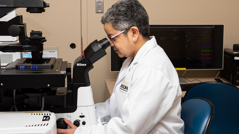 Scientist looking through a confocal microscope