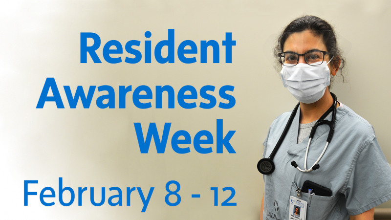 Medical resident Rochelle Johnstone wearing stethoscope, mask and surgical scrubs