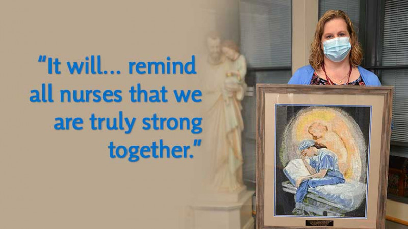 Quotation: "It will... remind all nurses that we are truly strong together" next to a nurse holding a painting of a nurse with an angel touching her shoulder. 