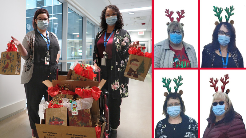composite photo of six nurses wearing festive reindeer antlers and holding Christmas gifts