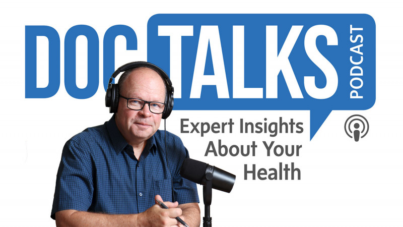 Ian Gillespie wearing a headset in front of a microphone superimposed over the DocTalks Podcast logo