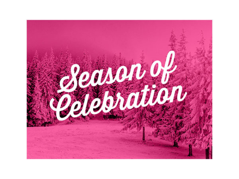 Season of Celebration winter scene with snow capped evergreen trees