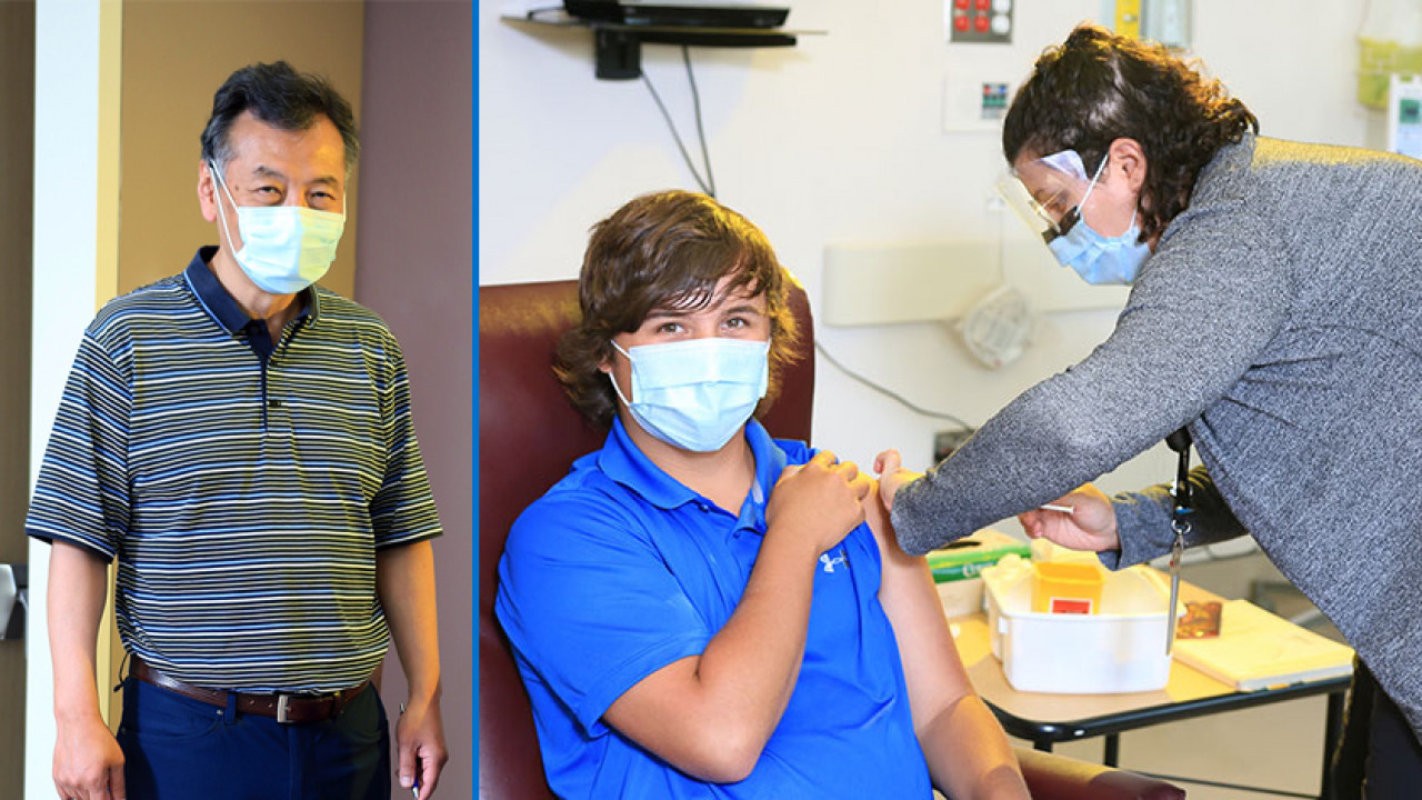 composite photo of Dr. Harold Kim on the left side, and Joel getting his vaccination from a nurse on the right
