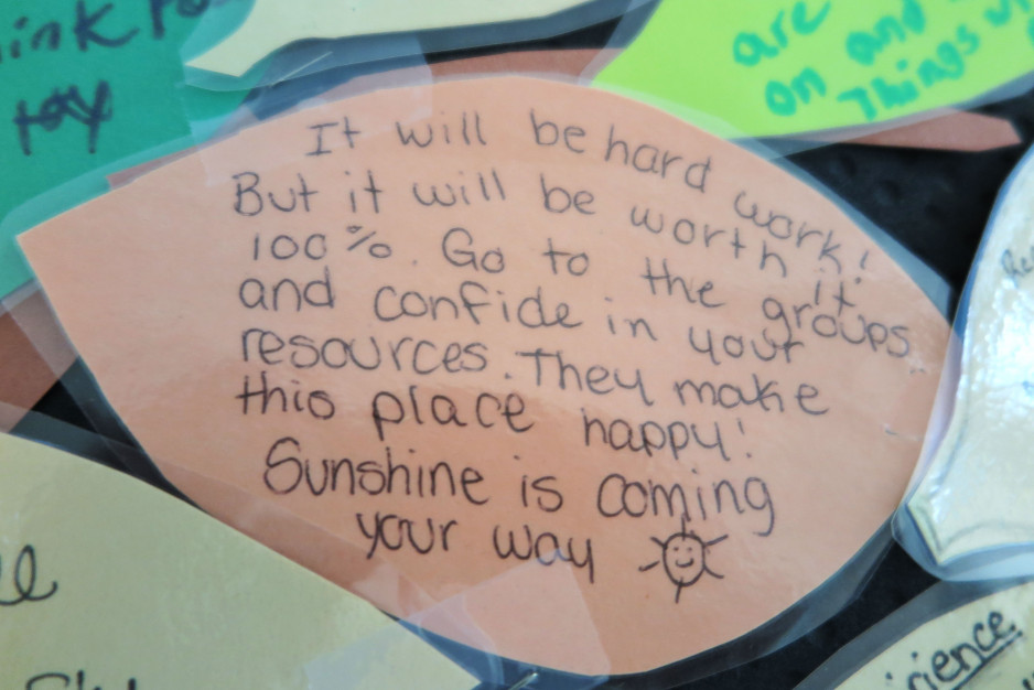 Message reads: It will be hard work! But it will be worth it 100%. Go to the groups and confide in your resources. They make this place happy! Sunshine is coming your way