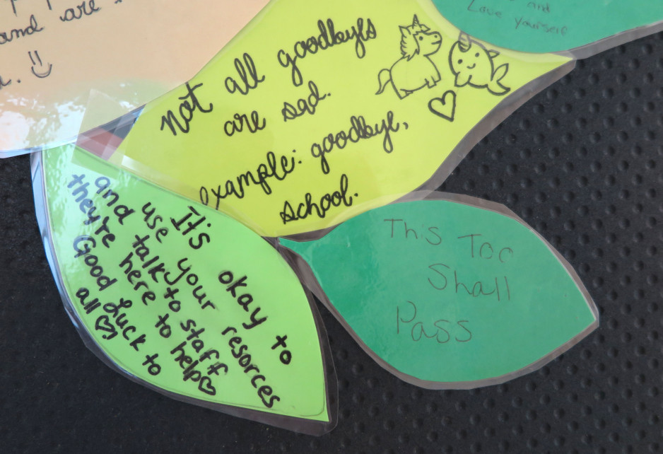 Grouping of three leaves with inspirational messages like: This too shall pass