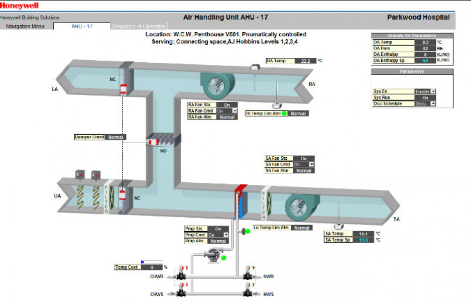 diagram of an air heating unit in Parkwood's Western Counties Wing that serves the connecting space in the AJ Hobbins building