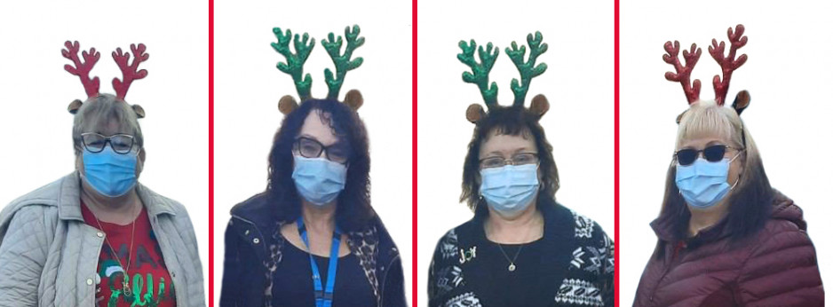 portraits of nurses wearing festive antlers: Rose Macneil, Kelly Hovorka, Kathryn McIntryre, and Carlie Dinn