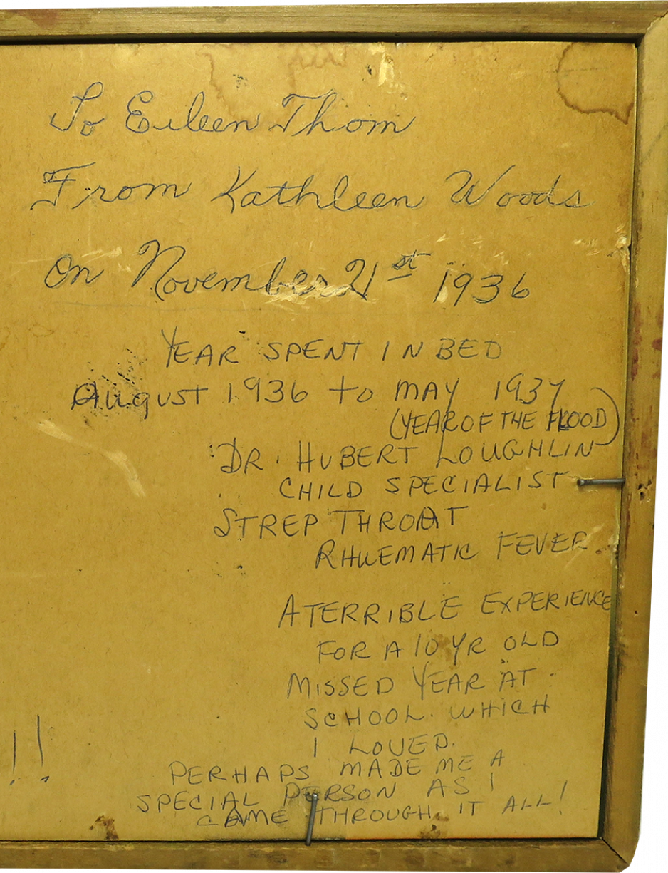 a hand printed note on the back of a framed print, reflecting the sentiments of child's lengthy illness: "A terrible experience for a ten year old."
