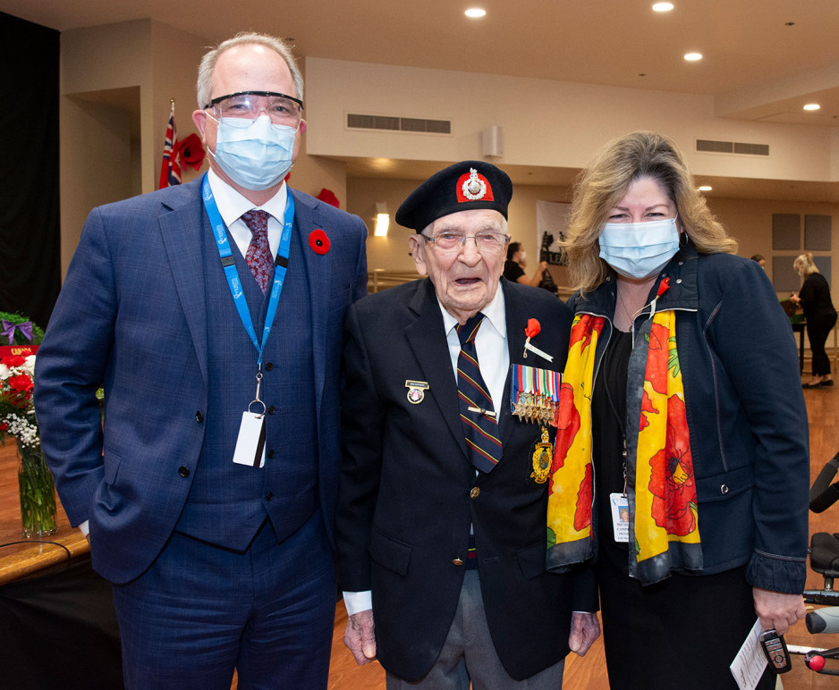 CEO of St. Joseph's Health Care London Roy Butler, resident veteran Robert Kennedy and CEO of the St. Joseph's Health Care Foundation Michelle Campbell 