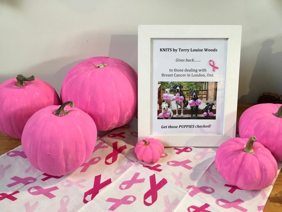 Terry Louise's craft table with pink pumpkins and signage