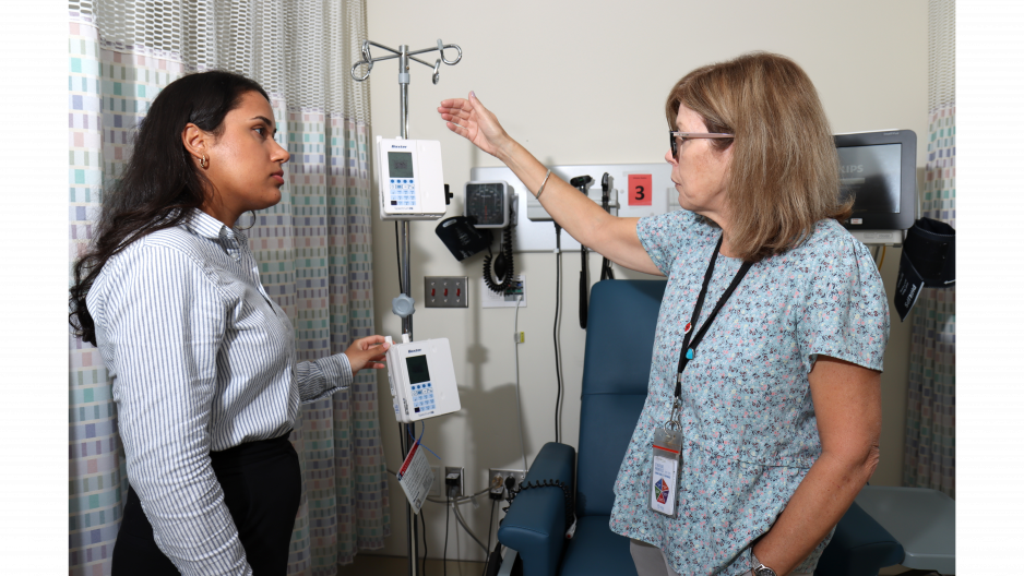 Sumani Vij, left, the first pharmacy resident of St. Joseph’s Health Care London’s new pharmacy residency program, will work with and learn from numerous members of the chronic disease care teams, including Cathy Lowry, a nurse with St. Joseph’s Pain Management Program.