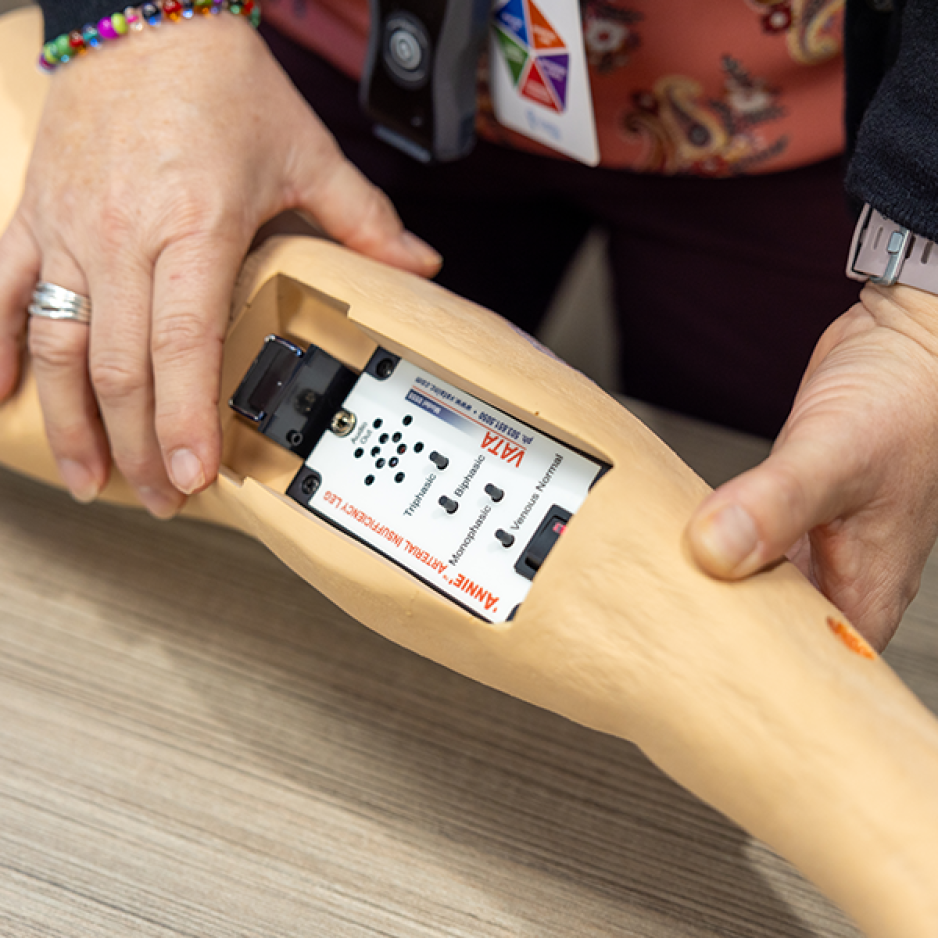 The lab is outfitted with several realistic body part models for skills training.