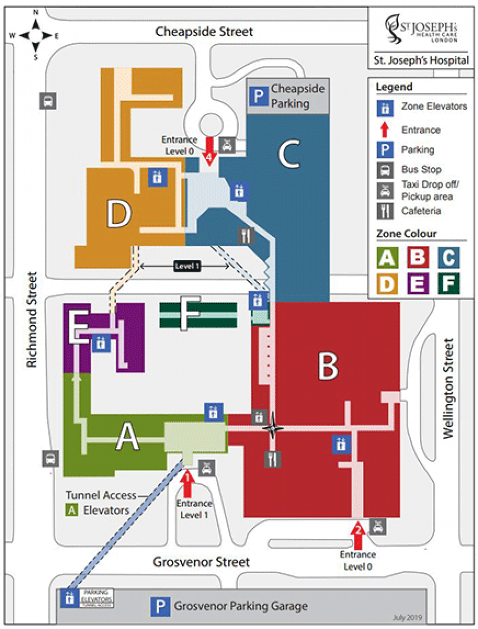 St. Joseph's hospital site map showing zones A through E