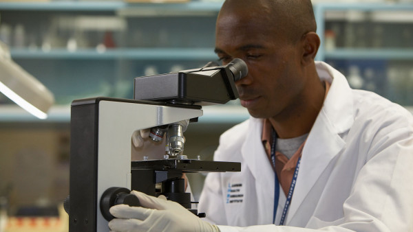 scientist looks through a microscope