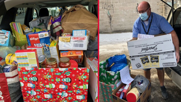 a large collection of donated food in holiday-themed boxes, next to an image of driver Rolly Willey unloading the donations from a minivan