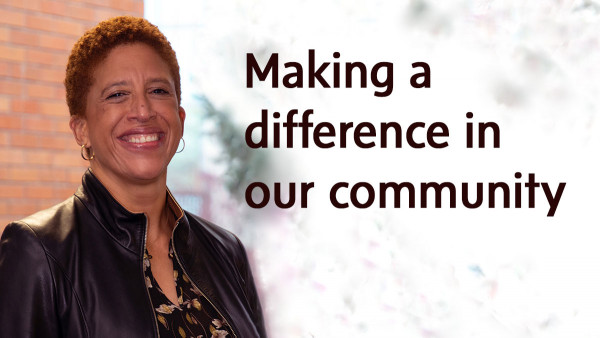 portrait of Patricia Hoffer with graphic that reads: "Making a difference in our community"
