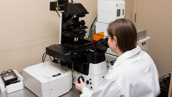 scientist using the confocal microscope