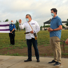 Jodi Younger, St. Joseph’s Vice President of Patient Care and Quality, looks on during the Wampum flag raising
