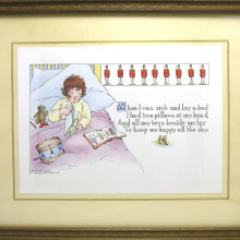 a framed artwork from the 1930s of a child recovering in hospital