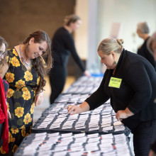 People finding their nametags