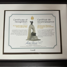 A certificate from Veterans Affairs Canada marks the 20th anniversary of the Operational Stress Injury (OSI) Clinic at St. Joseph's Health Care London.