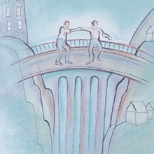 Drawing of two people on a bridge, a hospital on one side and the community on the other